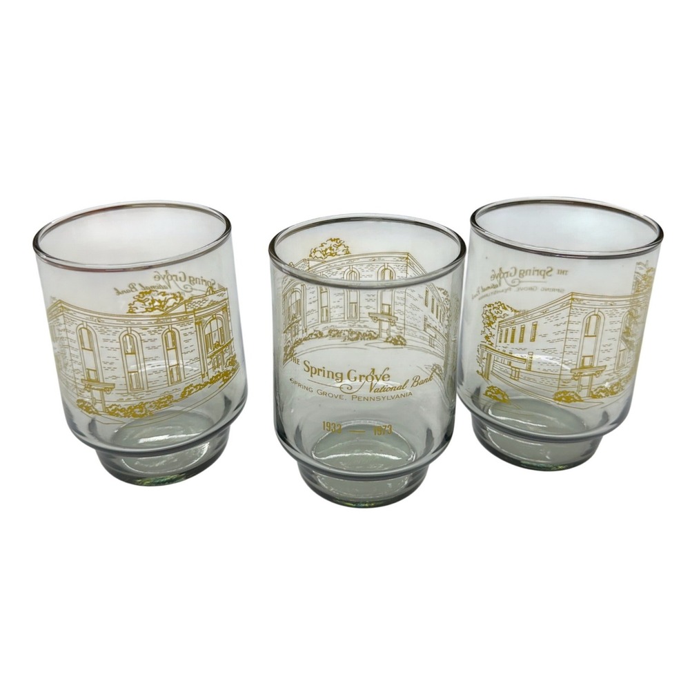 VTG Spring Grove National Bank Glass Tumbler Set 1933-1973 Commemorative Gray